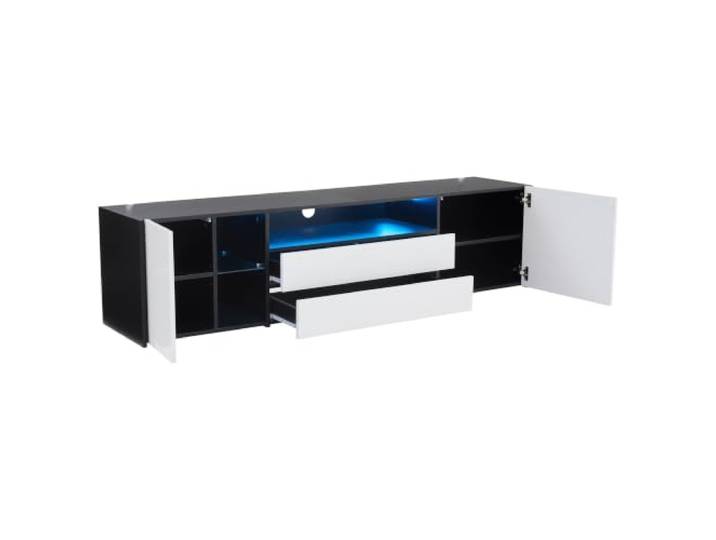 TV-Schrank 180x45x40 cm LED App Schwarz/Weiß Spanplatte & gehärtetes Glas, 180 x 45 x 40 cm, LED per App, Hochglanzfront, Rückprallschalter, max. 75 Zoll TV