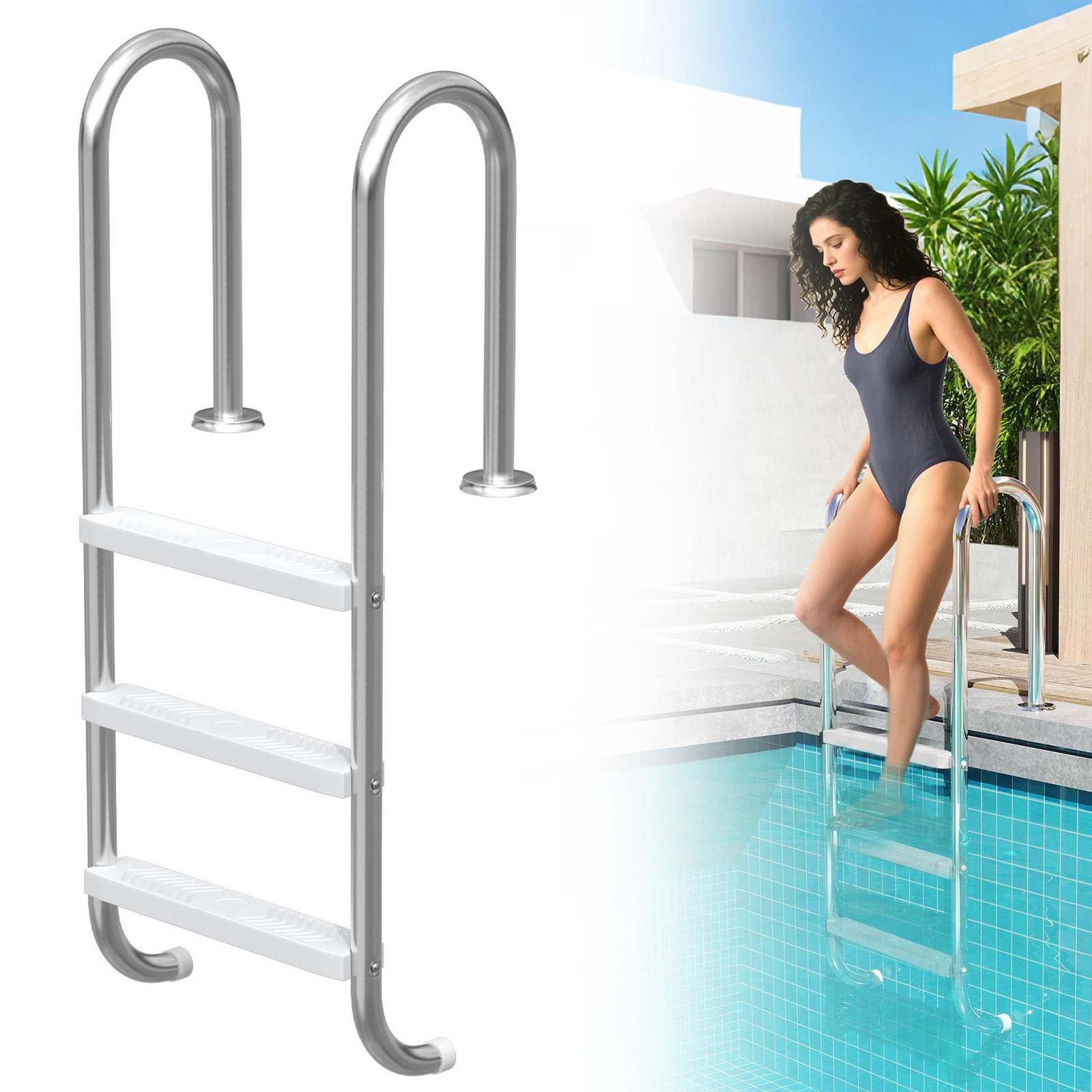 LZQ RVS zwembadtrap met 3 treden, 132 cm, zilver, antislip
