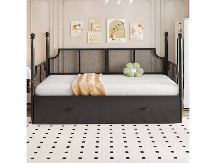 Lit Simple Canapé-lit Fer 90x200cm Noir Vintage Résille Colonne Métal Rangements Pour Adolescent(sans Matelas)
