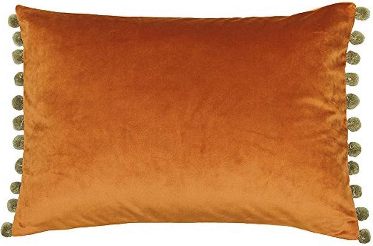 Decoratief Fluwelen Sierkussen met Pompon Randen - Roest/Khaki - 35 x 50 cm