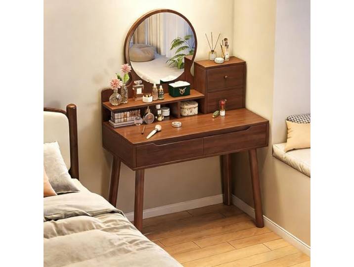 XINMAIZI Schminktisch mit Spiegel, Schubladen und Aufbewahrungsschrank, stabilem Holzrahmen, Schminktisch für Mädchenzimmer im minimalistischen Stil, platzsparend (Oak,31.49in/80cm)