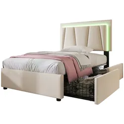 Polsterbett 90x200 höhenverstellbares Kopfteil LED-Beleuchtung 2 Schubladen Stauraum Massivholz Leinen Beige