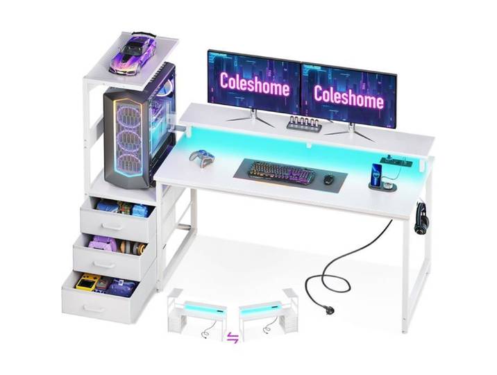 Bureau Gaming avec éclairage LED et Prise électrique Coleshome Bureau Gamer avec Tiroirt 151×50cm Fibre de Carbone Blanc