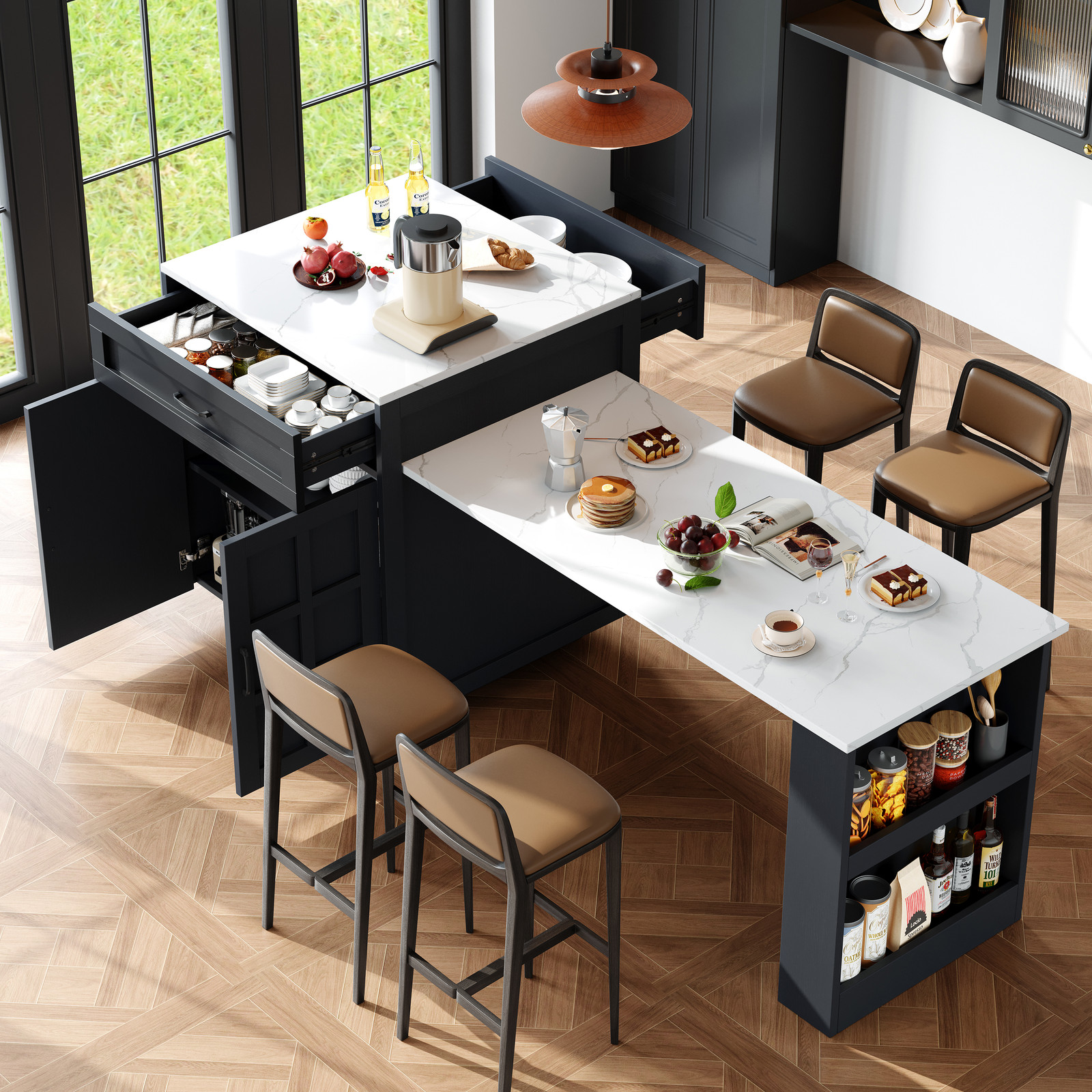 Flieks Multifunctionele Uitklapbare Keukentafel met Opbergruimte en Zwenkwielen, Zwart