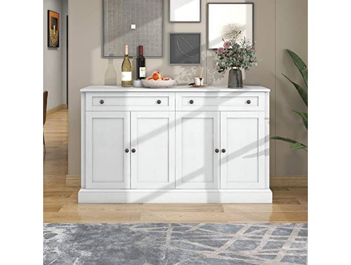 SACOOL Großes Sideboard mit 4 Türen und 2 Schubladen, moderner Buffetschrank für Esszimmer und Wohnzimmer,150x40x86 cm (L/B/H) – (Antikweiß)