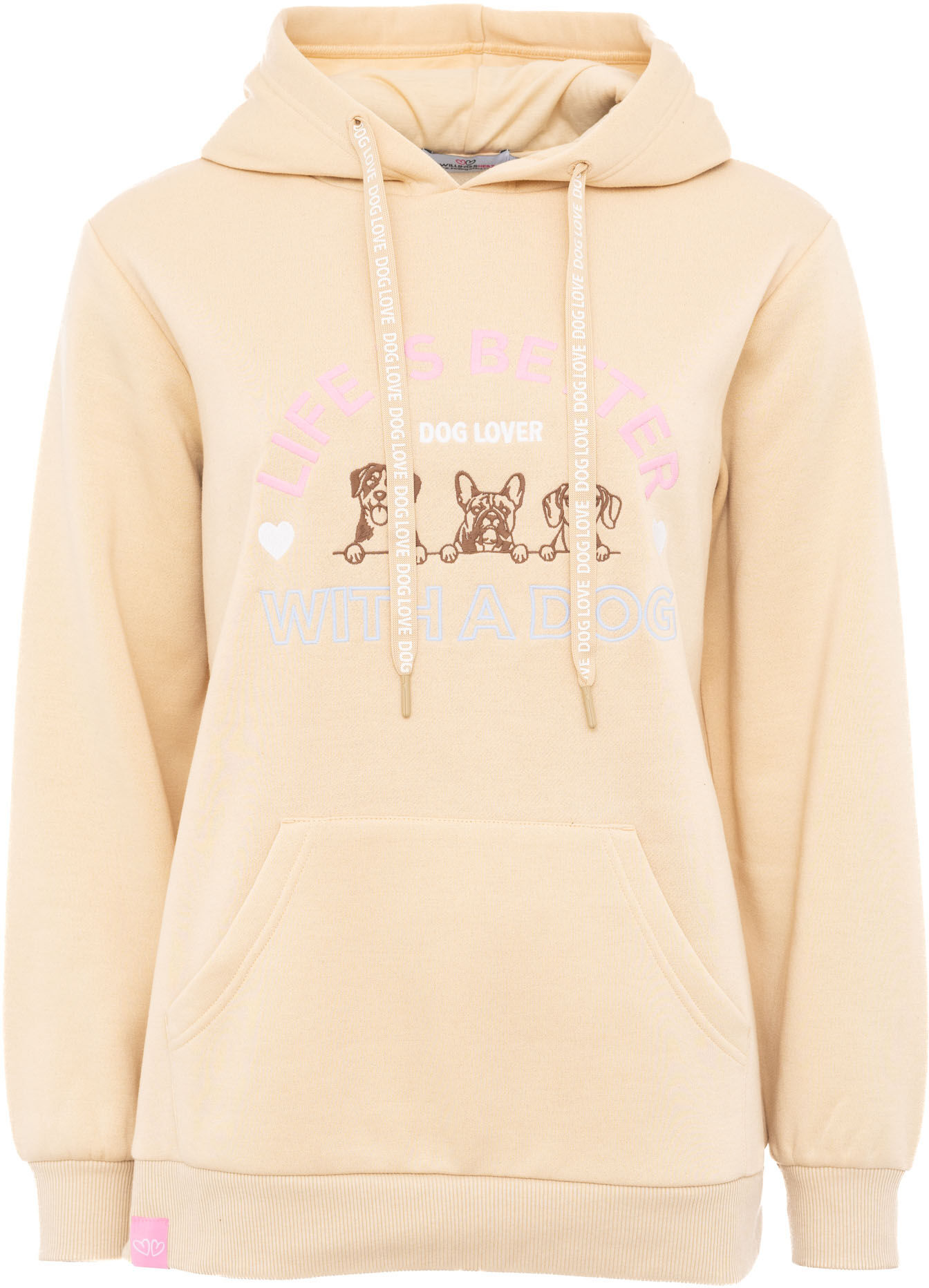 Hoodie ZWILLINGSHERZ "Dog Life", Damen, Gr. S/M, beige, Sweatware, Obermaterial: 80% Polyester, 20% Baumwolle, Sweatshirts Hoodie, Mini-Me,mit gestickten Hunden und Slogan beige S/M