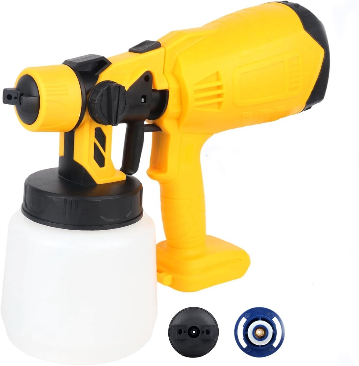 Accu HVLP verfspuitpistool 200W met 1000ml reservoir, geel, inclusief 2 sproeiers en 3 patronen met instelbare verfstroom