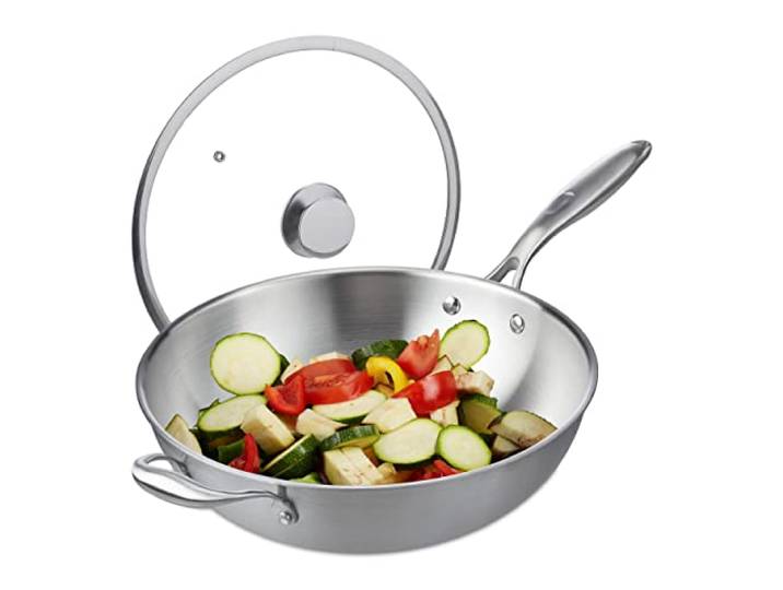 Relaxdays Wok, Ø 32 cm, Edelstahl unbeschichtet, Glasdeckel, Gas-, silber Elektro-, Induktionsherd, Wokpfanne mit Griff
