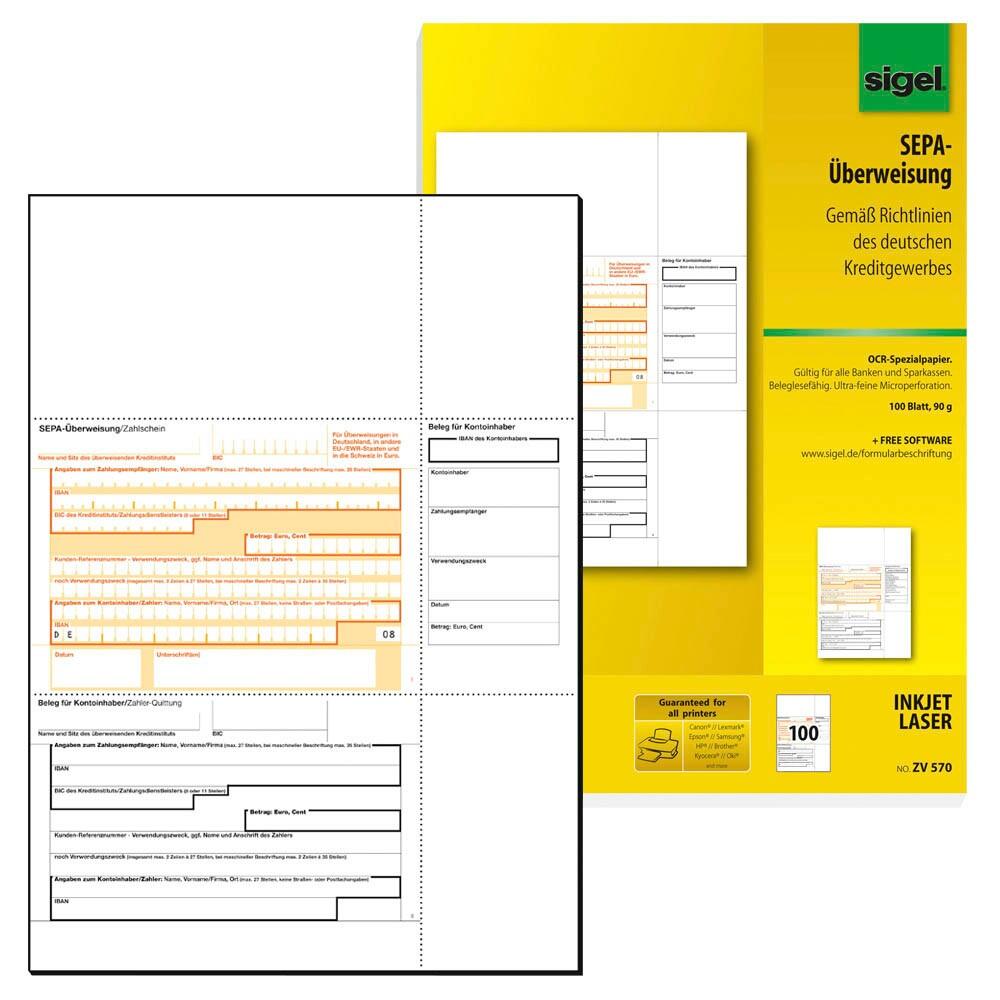 sigel SEPA-Überweisung/Zahlschein Bankformulare ZV570 - 100 Stück