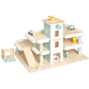 Pinolino Parkgarage 308422 Parkhaus Kurt, aus Holz, mit 3 Ebenen, Waschanlage, Hebebühne, Helikopter & 3 Fahrzeuge