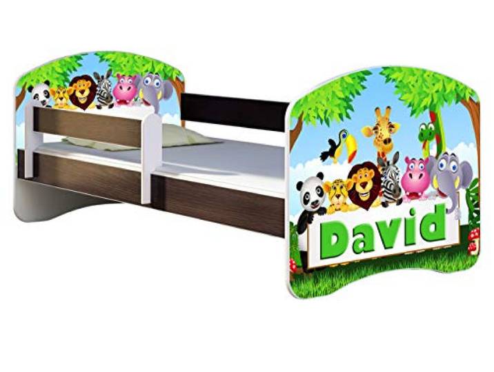 ACMA Kinderbett 160x80 Jugendbett mit Matratze, Farbe Wenge, Rausfallschutz Lattenrost II Spielbett Kinderzimmer Möbel, 01 Zoo Name