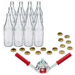 12er Flasche LINEA 0,33L 15 Kronkorken Gold mit Verschließer Abfüllflaschen