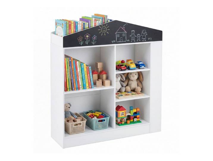 COSTWAY Kinderregal, Hausform, mit Fächern, Tafel & Kippschutzvorrichtung