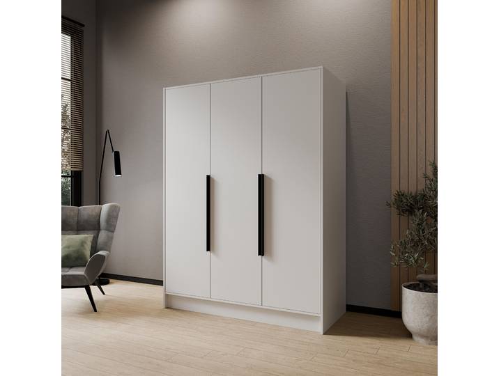 Drehtürenschrank PAVIA 150 cm Moderner Kleiderschrank mit glatten Türen, Weiß mit schwarze Griffe