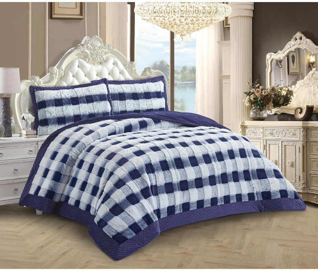 PRiME Linens Microfiber Chequered Bedspread Blue/Navy King Bedspread + 2 King Pillowcases