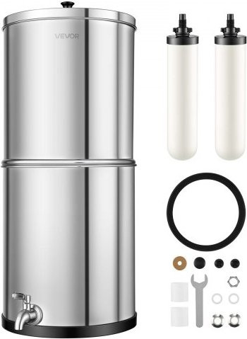 VEVOR Gravity Waterfiltersysteem, 11,36 l, zilver, roestvrij staal 304, met 2 keramische actieve koolstoffilters