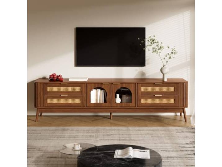 TV-Board aus Spanplatte mit Massivholzbeinen,LED-Beleuchtung,Türen aus Glas 180cm TV-Schrank mit vier Schubladen, Sideboard mit App-Steuerung, Lowboard stehend, TV-Möbel für Wohnzimmer, Fernsehtisch