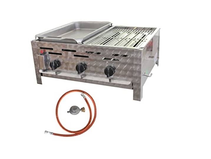 BSR-Grillen 3-flammiger Profi Gasgrill aus Edelstahl, stufenlos regelbar, Gasbräter, Gastrogrill, Gastrobräter mit Gasschlauch und Druckminderer (13,5 kW 1/2 Pfanne und 1/2 Grillrost)