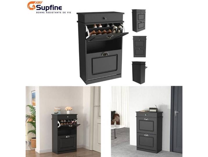 SUPFINE Commode à Chaussures à 2 niveaux Armoire à Chaussures en MDF Meuble à Chaussures 53 × 22 × 85 cm Noir