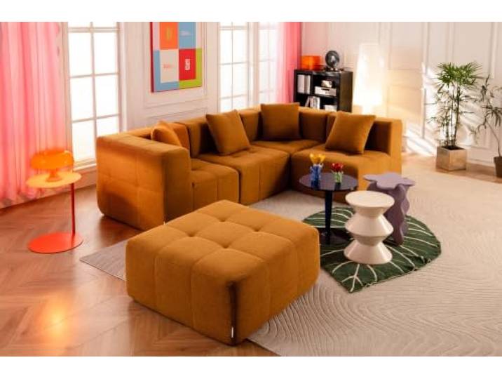 MILYsofa Modulares Ecksofa 4-Sitzer mit Ottomane, Bouclé-Bezug Zimtbraun, 5-teilig, Abnehmbare Kissenbezüge (Zimtbraun, 4-Sitzer mit Ottomane)