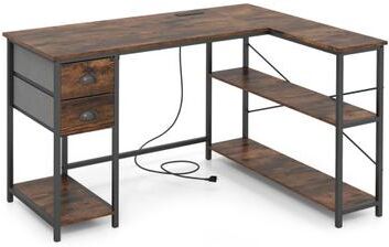Costway L Shaped Desk with Charging Station Corner Computer Desk with 2 Fabric Drawers-Rustic Brown