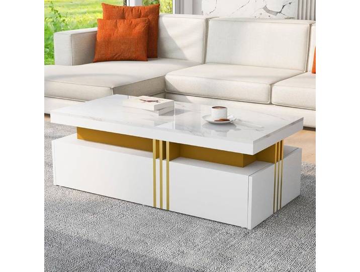 Table Basse Imitation Marble - AASAASA - Tiroirs en Bois - Rectangulaire Moderne Table Basse Salon - 100x50x40cm - Brillant Blanc