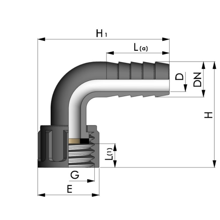 REKUBIK 90° Winkel Schlauchtülle mit Innengewinde Überwurfmutter x Tülle 3/4" IG x 19mm (3/4") 0400121.050519