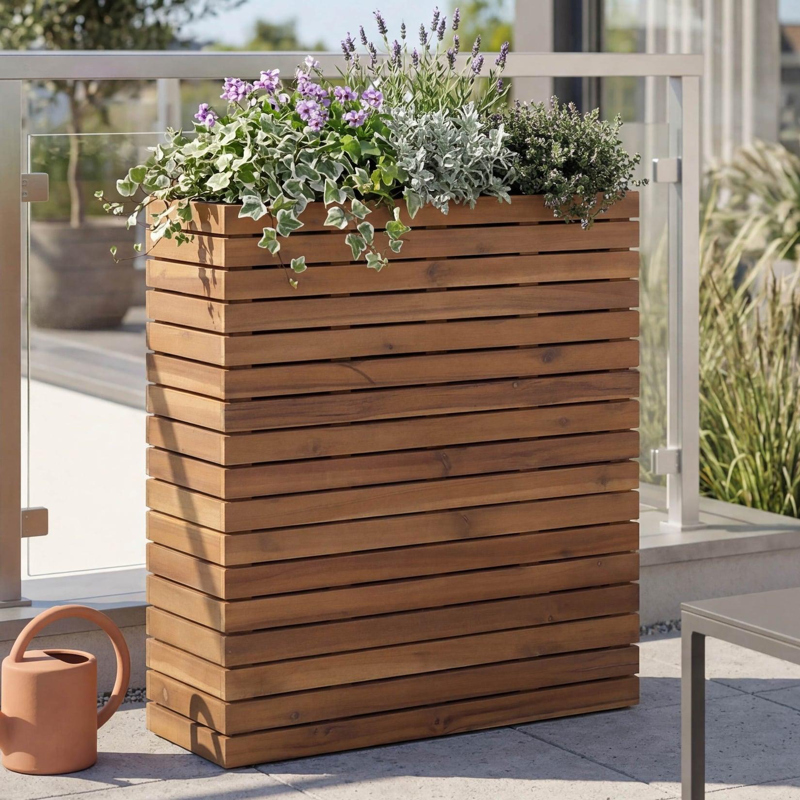 Pflanzkasten MCW-L21, Hochbeet Pflanzkübel Blumentopf, eckig 77x63x23cm Outdoor Akazie Holz MVG-zertifiziert ~ hellbraun
