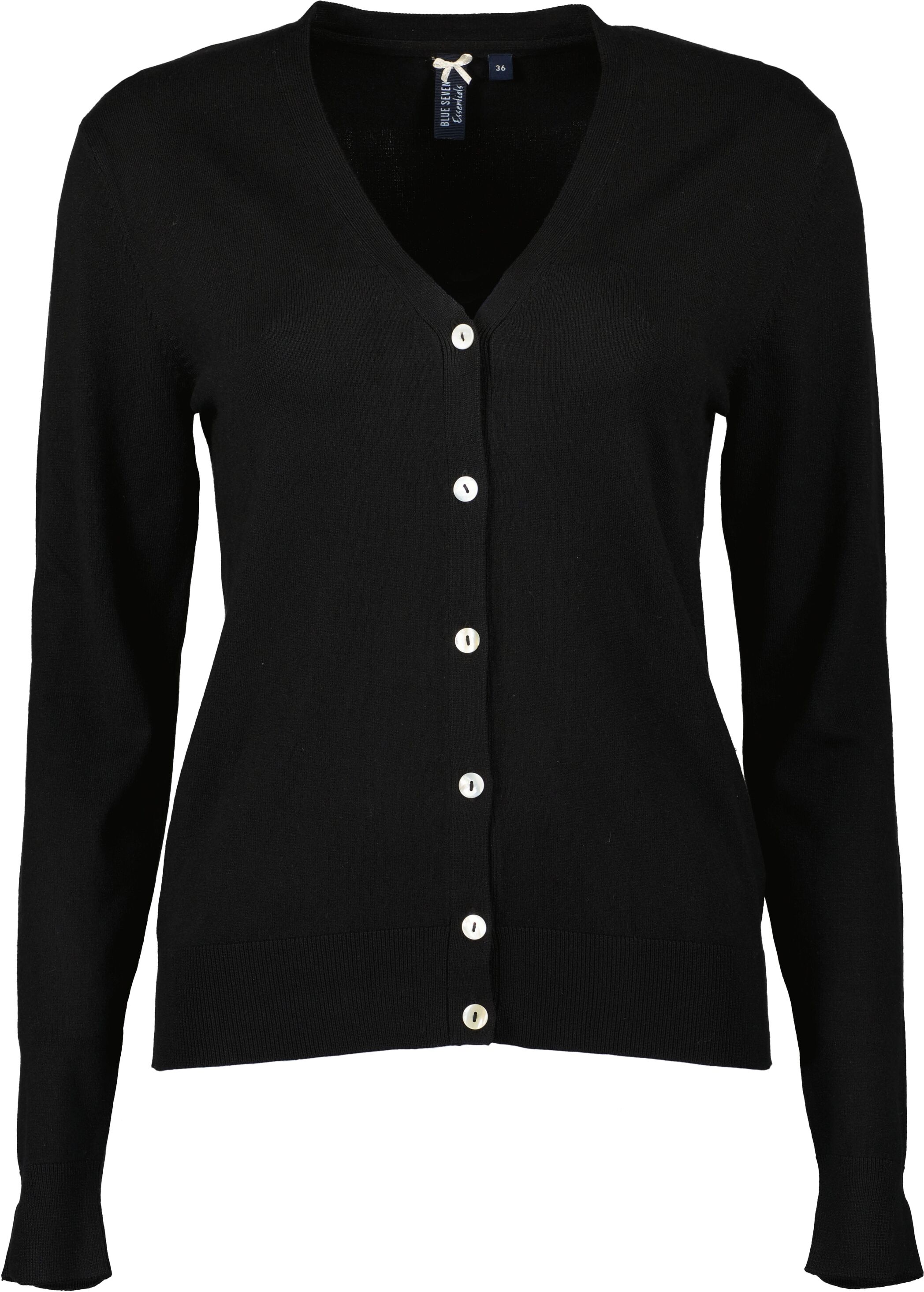 Strickjacke BLUE SEVEN "Strickjacke", Damen, Gr. 36, schwarz (9990, schwarz), 80% Viskose, 20% Polyamid, Basic, regular fit, V-Ausschnitt, Strickjacken Strickjacke 9990, schwarz 36