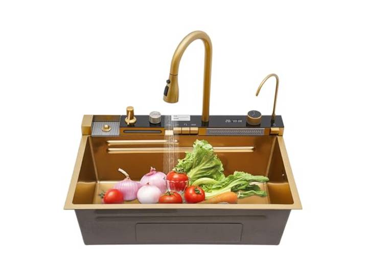 Wasserfall Küchenspüle Edelstahl mit Digitalanzeige, Gold Nanobeschichtung, Wabenprägung, ausziehbarer Wasserhahn, X-förmige Entwässerung, Mehrere Wasser Modi
