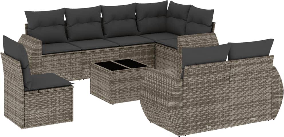 vidaXL 9-teiliges Gartensofa-Set mit Kissen, grau, Polyrattan
