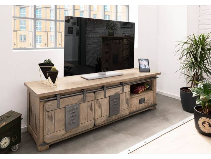 Meuble TV 160x45 Manguier laqué blanchi RAILWAY #301