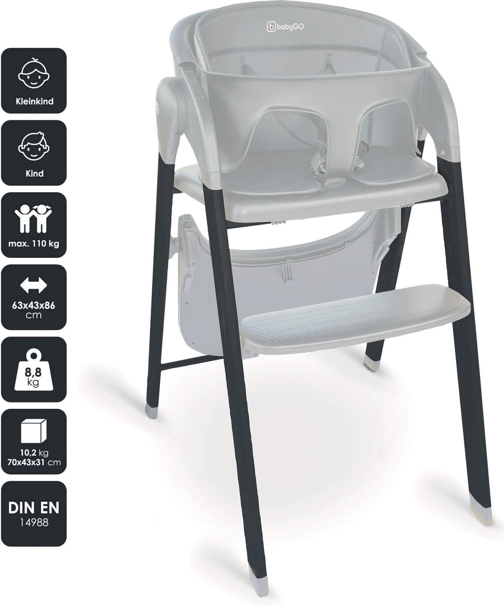 Kombihochstuhl BABYGO "Levels", Baby, Gr. B/H/T: 44cm x 88cm x 63cm, grau (grau, anthra, grau), Stühle Kombihochstuhl Hochstuhl