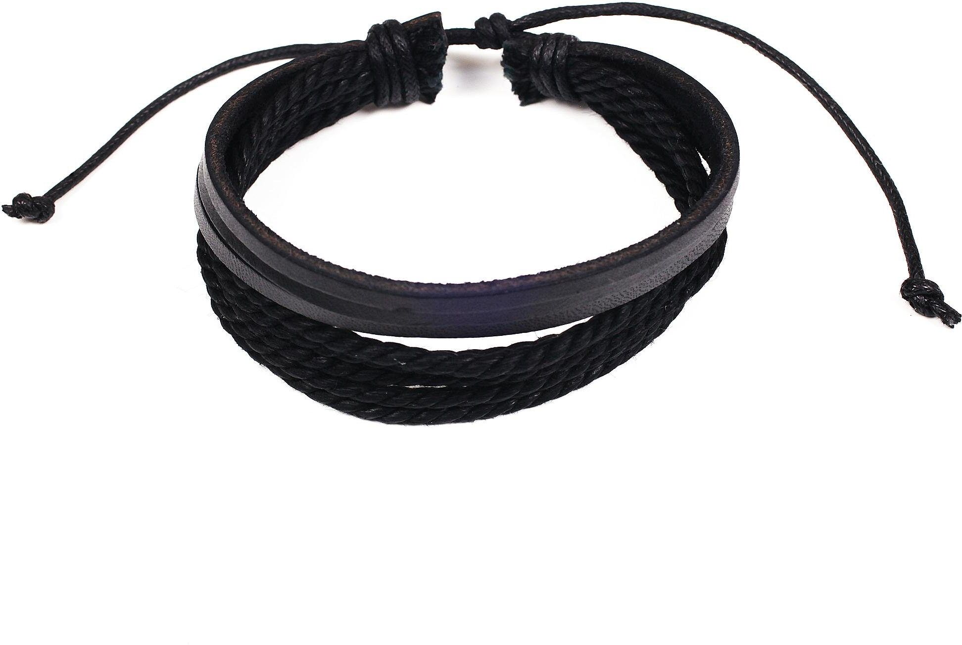 Lederarmband FIRETTI "Casual-Look, mehrreihiges Design, teilweise geflochten", schwarz, Armbänder, Herren, 24cm, Baumwolle Leder, Baumwolle, Leder, Lederarmband schwarz 24cm, Baumwolle Leder