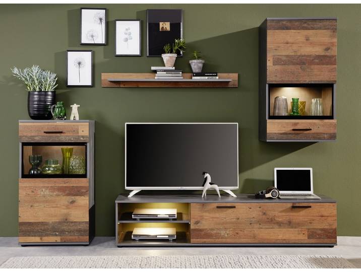 Wohnwand Anbauwand Mango , Old Used Wood / Matera grau , 4-teilig , LED Beleuchtung 3