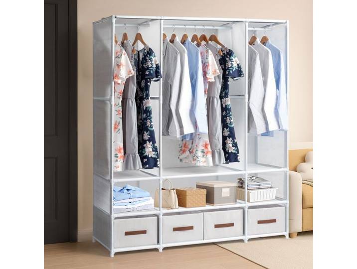 Armoire de Rangement Penderie Dressing en Tissu avce 4 Boîtes et 3 Barres Vêtements 144x45x166.5 cm - Blanc