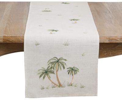 Saro "Palm Paradise Linen Blend Table Runner - Tropical Coastal Dining, Resort-Inspired Tablescapes, and Summer Entertaining - 16""x68"""