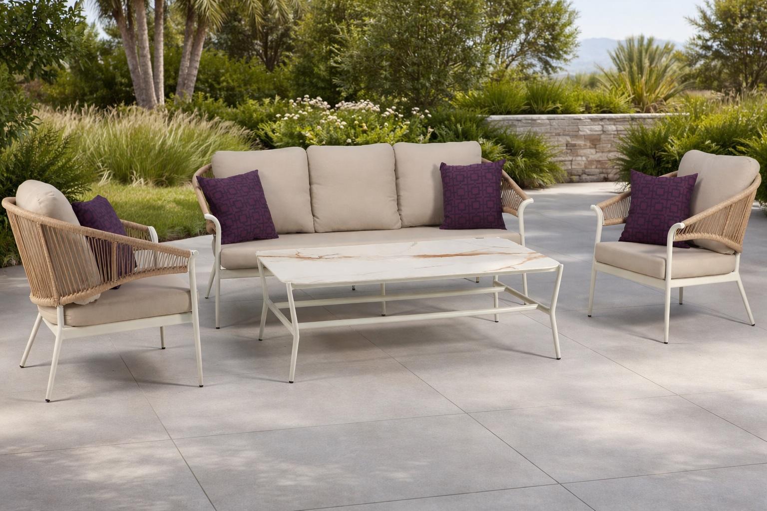 Gartenmöbel-Set 2-Sitzer-Sofa 2xSessel Couchtisch Moderner Stil Beige Ruslan