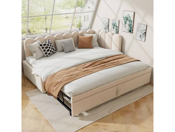 Merax 2-in-1 Multifunktions-Schlafsofa (90/180 x 200 cm), Samtrosa Polsterbett, ausziehbares Gästebett, platzsparendes Design, bequem für Kinder & Gäste, Beige (Ohne Matratze)