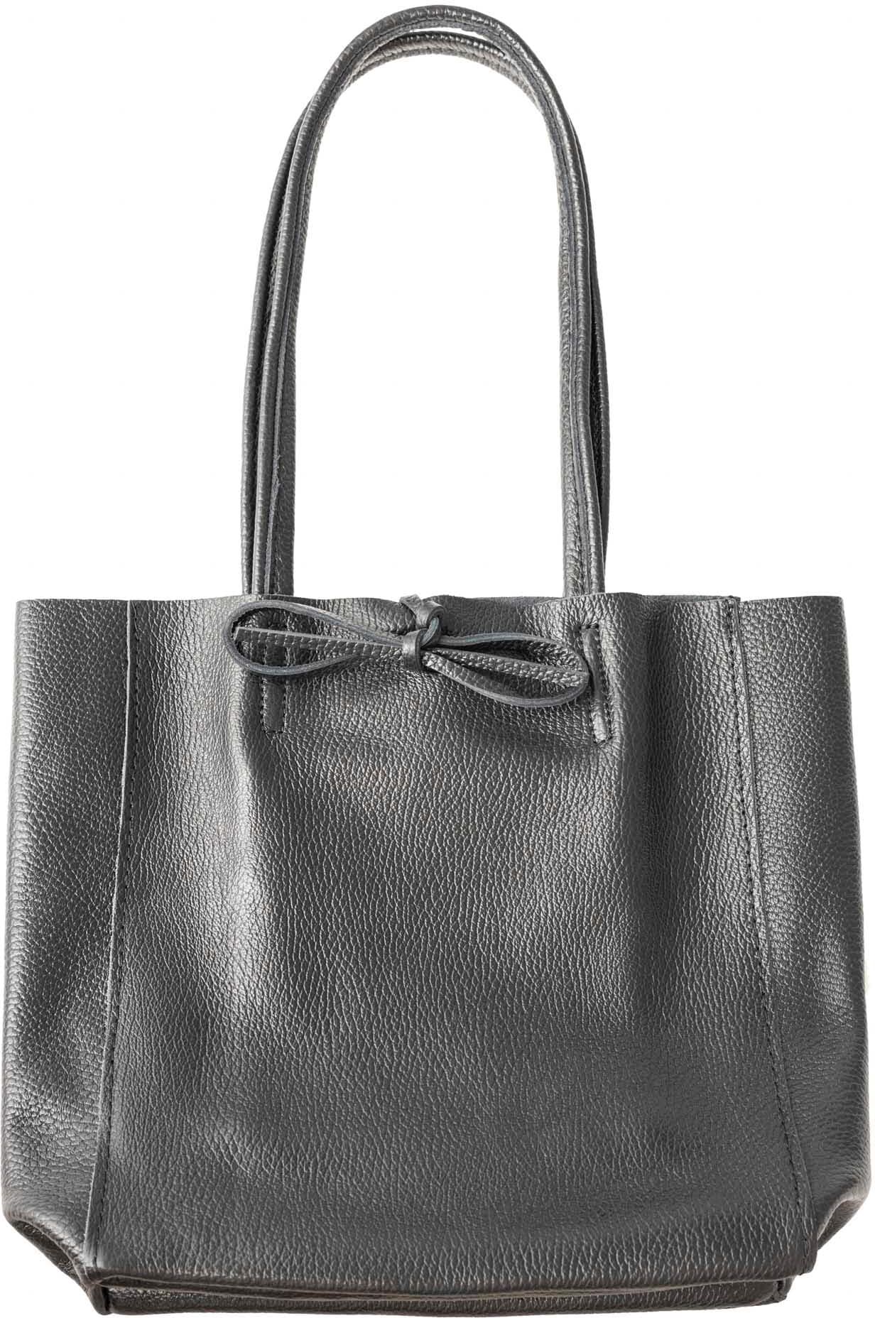 Tragetasche ZWILLINGSHERZ "Ledershopper "Small", Damen, Gr. B/H/T: 21cm x 13cm, grau (schwarz), Leder, unifarben, Taschen Tragetasche, mit Schulterhenkel und Bindeband schwarz B/H/T: 21cm x 13cm