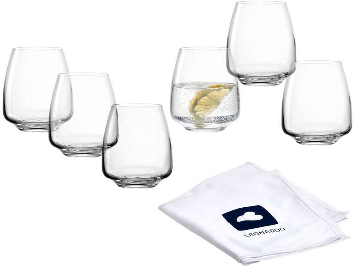 Gläser-Set LEONARDO Trinkgläser CESTI + Poliertuch , transparent (transparent, weiß, blau), H:10,3cm Ø:9cm, Kristallglas, Trinkgefäße, Gläser-Set, 6 Trinkgläser mit Poliertuch