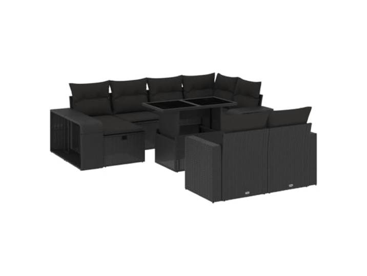PUGYNBK Garten-Sofa-Set, 11-teilig, synthetisches Rattan, Schwarz Ausziehbarer Esstisch, gepolsterte Kissen, vielseitige Fußstütze, modulares Design