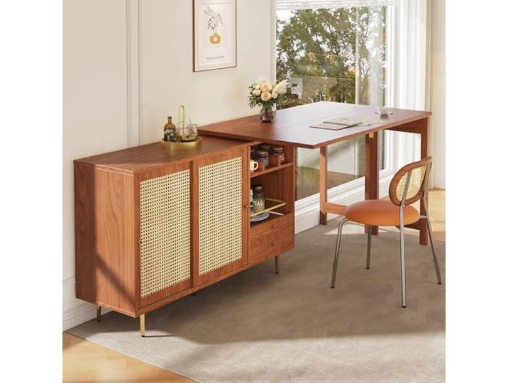 ModernLuxe L-Sideboard 360° drehbarer Stehtisch,Beistellschrank für Wohnzimmer Kommode mit Schubladen 107x40x71,4 cm mit Rattan-Schranktür und Regal,für Küche,Esszimmer oder Wohnzimmer Braun