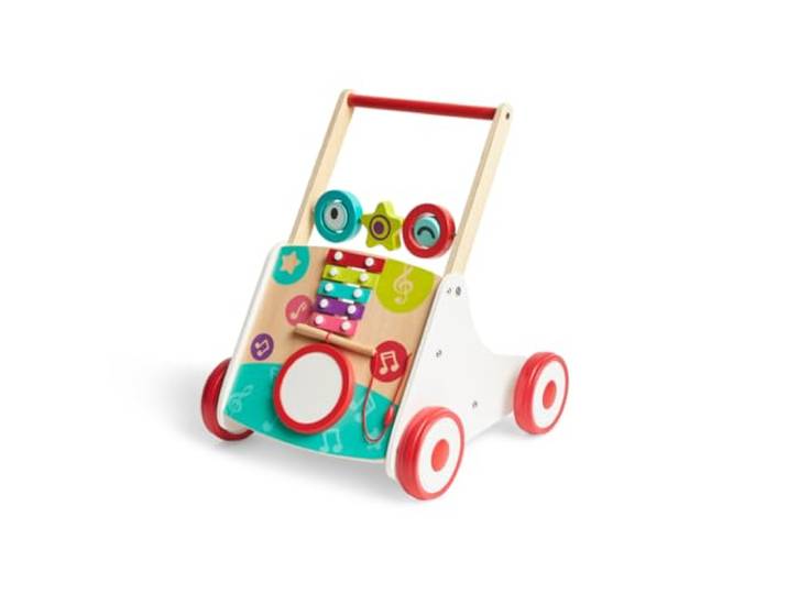 Hape Musik Lauflernwagen - Lauflernhilfe aus Holz mit Musik Xylofon, Trommel & drehbaren Blöcken, fördert Motorik, Balance und musikalische Früherziehung, ab 10 Monaten