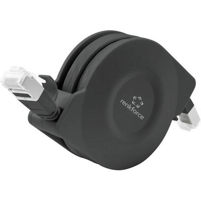 Renkforce RF-4476386 RJ45 Patchkabel CAT 6a U/FTP 1.50 m Schwarz Flache Ausführung, inkl. Aufroller 1 St.
