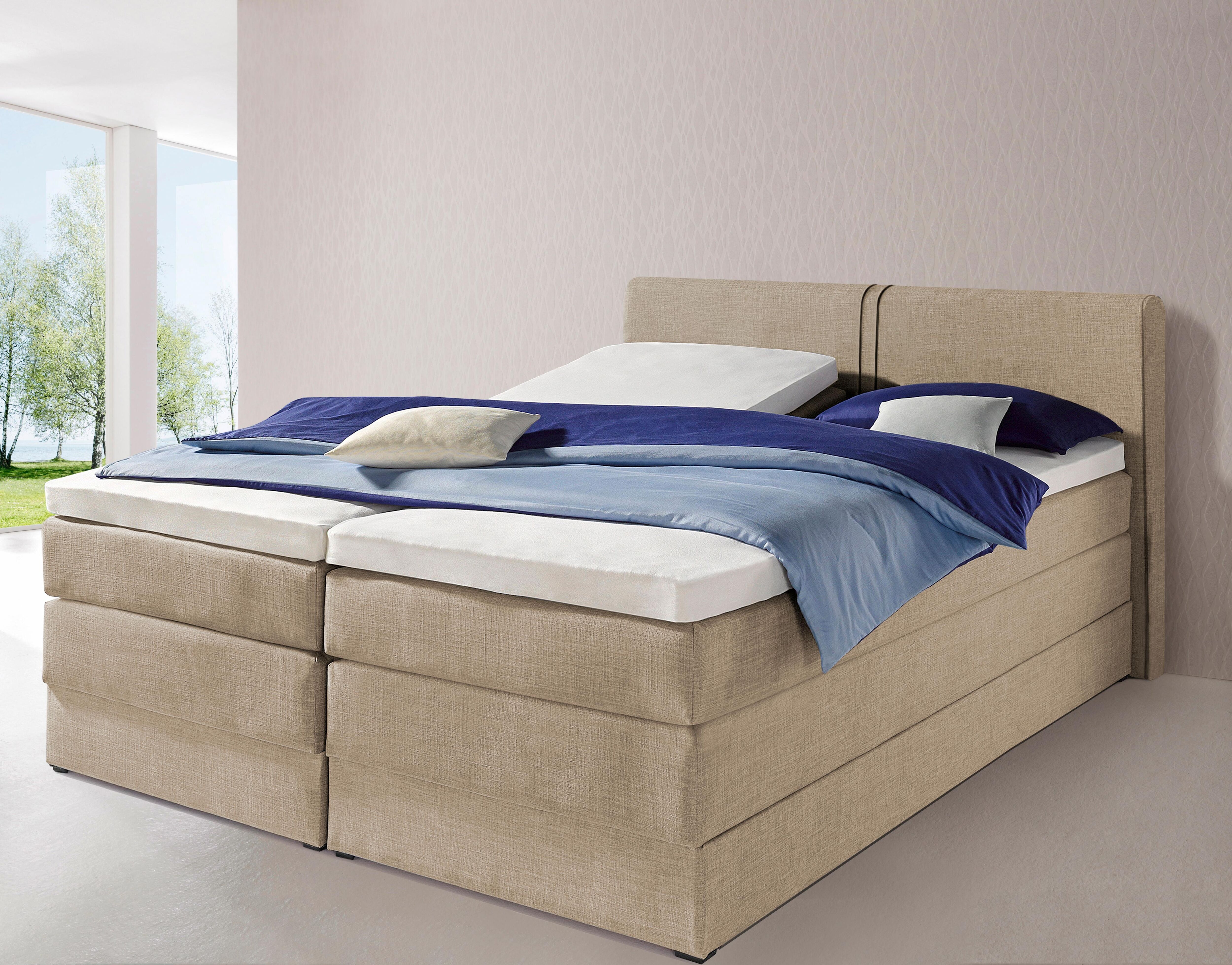 Boxspringbett HAPO, beige (beige, strukturstoff), Liegefläche B/L: 200cm x 200cm, kein Härtegrad, Bonnell-Federkernmatratze, Kopfteil, seitliche Unterbox und Obermatratze sind mit pflegeleichtem Feinstrukturstoff in Leinenoptik (100% Polyester) oder Kunst