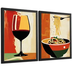 POSTER 2er Set Küchen-Wandbilder Rotwein und Pasta Vintage Retro Esszimmer Wanddeko Rahmenlos A4