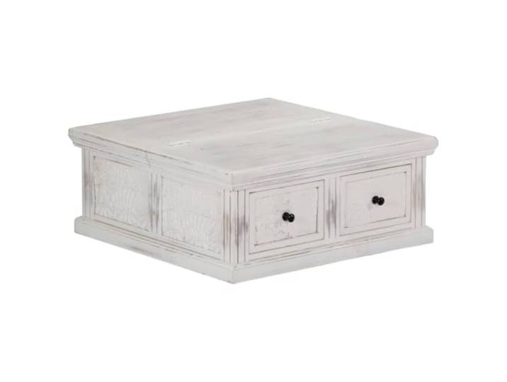 Tmriohed Couchtisch Weiß 70x70x30 cm Massivholz Mango mit 2 Schubladen Handgefertigter Wohnzimmertisch aus Mangoholz mit 2 geräumigen Schubladen für eine elegante und ordentliche Einrichtung.