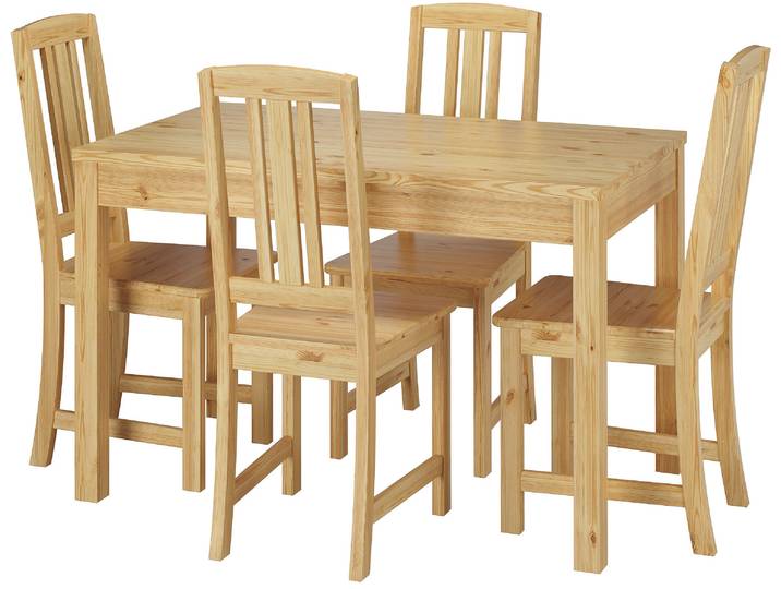 Klassische Essgruppe Großer Tisch 75 x 120 und 4 Stühlen Kiefer Massiv