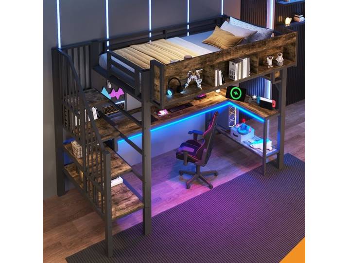 Lit mezzanine 90x200 vintage brun-noir bureau d'angle plaque perforée USB LED rangement